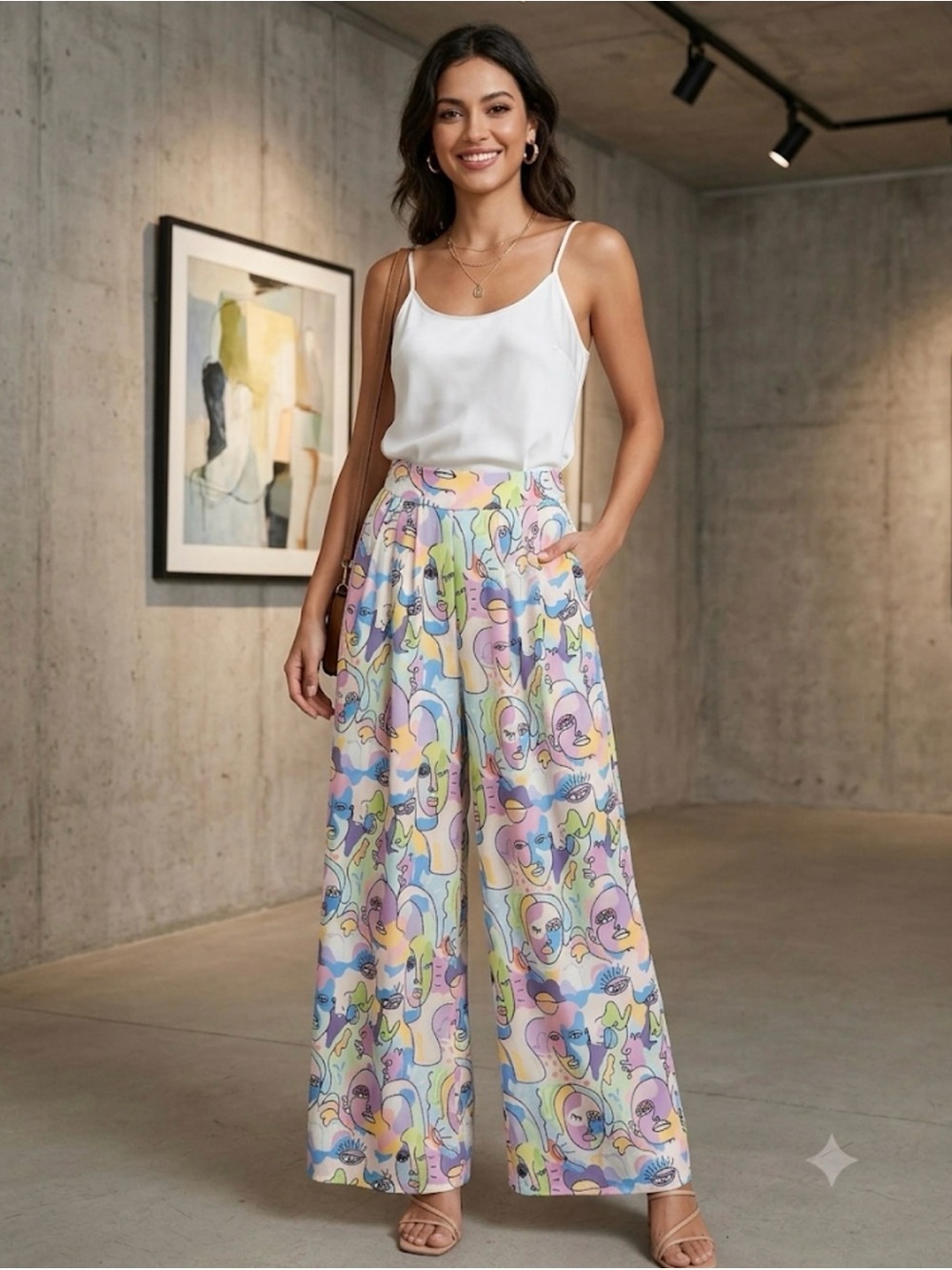 Pastel Abstract Wide-Leg Palazzo Pants - White/Multicolor